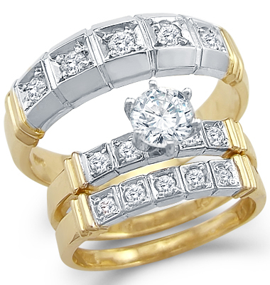 14k 2 Two Tone Gold CZ Trio His and Hers 3 Rings Set