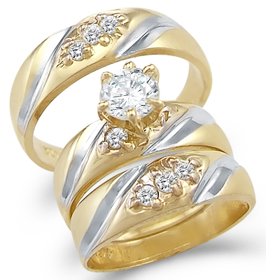 Solid 2 Two Tone 14k Gold Trio Three Wedding Ring Set