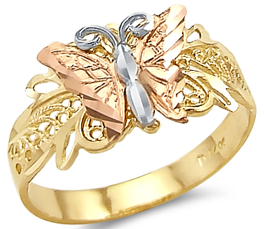 14k Tri Color Yellow White and Rose Gold Butterfly Ring