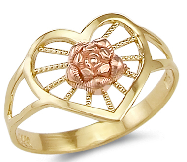 14k Yellow and Rose Gold Heart Love Rose Flower Ring  